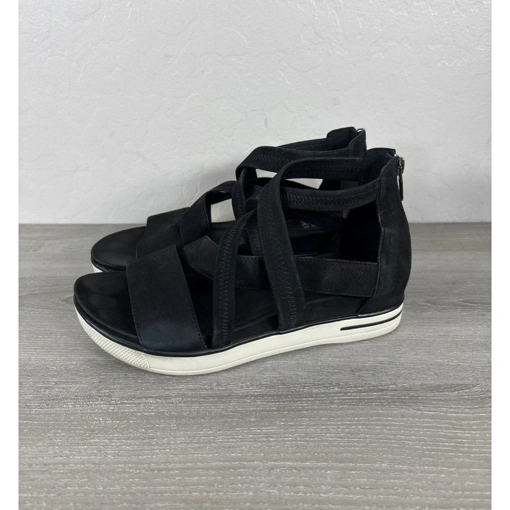 Eileen Fisher Skill Tumbled Sneaker Sandals Black Nubuck Elastic Strappy Zip 7.5